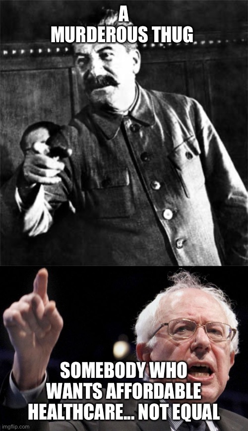 A MURDEROUS THUG; SOMEBODY WHO WANTS AFFORDABLE HEALTHCARE... NOT EQUAL | image tagged in stalin,bernie sanders | made w/ Imgflip meme maker