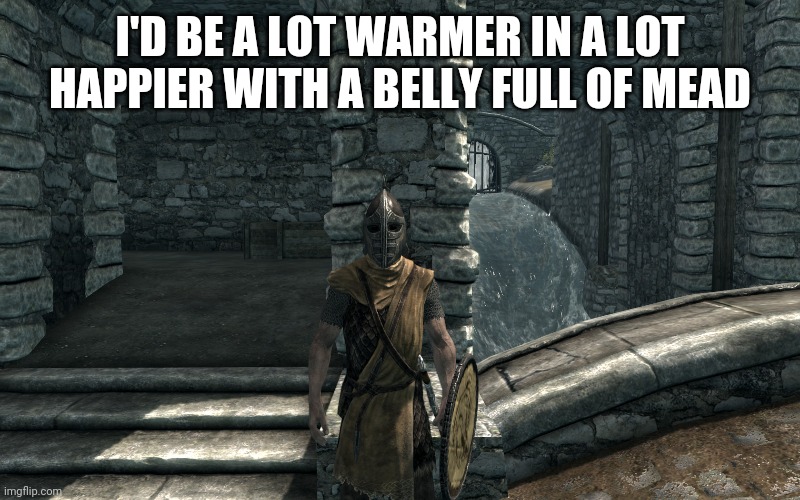 Whiterun Guard Notices | I'D BE A LOT WARMER IN A LOT HAPPIER WITH A BELLY FULL OF MEAD | image tagged in whiterun guard notices | made w/ Imgflip meme maker