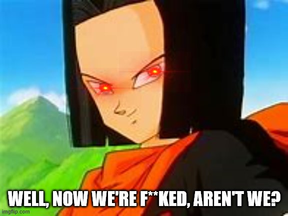 I Finally Made An Android 17 Meme Template | WELL, NOW WE'RE F**KED, AREN'T WE? | image tagged in android 17 smile,memes | made w/ Imgflip meme maker