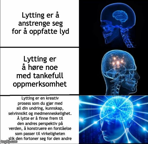 Lytting er å anstrenge seg for å oppfatte lyd; Lytting er å høre noe med tankefull oppmerksomhet; Lytting er en kreativ prosess som du gjør med all din undring, kunnskap, selvinnsikt og medmenneskelighet. Å lytte er å finne frem til den andres perspektiv på verden, å konstruere en forståelse som passer til virkeligheten slik den fortoner seg for den andre | made w/ Imgflip meme maker