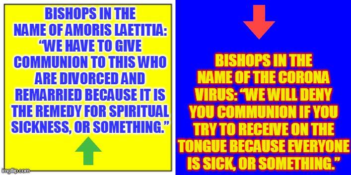 BISHOPS IN THE NAME OF AMORIS LAETITIA: “WE HAVE TO GIVE COMMUNION TO THIS WHO ARE DIVORCED AND REMARRIED BECAUSE IT IS THE REMEDY FOR SPIRITUAL SICKNESS, OR SOMETHING.”; BISHOPS IN THE NAME OF THE CORONA VIRUS: “WE WILL DENY YOU COMMUNION IF YOU TRY TO RECEIVE ON THE TONGUE BECAUSE EVERYONE IS SICK, OR SOMETHING.” | made w/ Imgflip meme maker