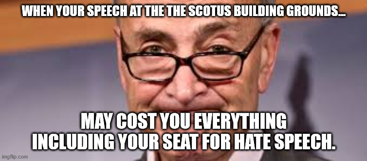 Chuck Shumer | WHEN YOUR SPEECH AT THE THE SCOTUS BUILDING GROUNDS... MAY COST YOU EVERYTHING INCLUDING YOUR SEAT FOR HATE SPEECH. | image tagged in chuck shumer | made w/ Imgflip meme maker