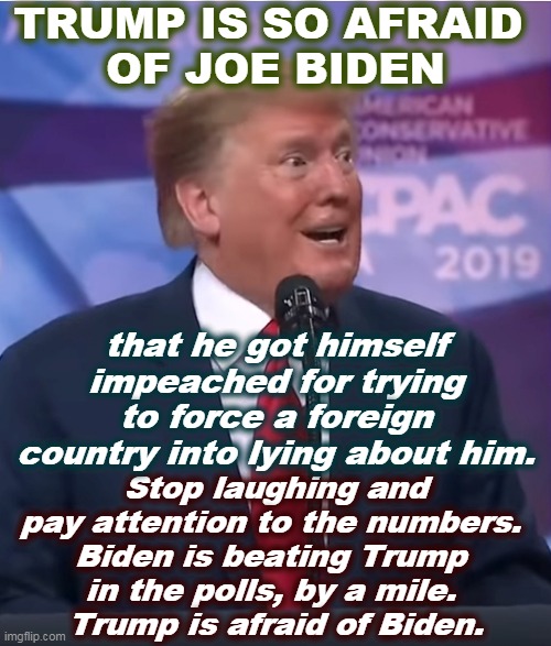 Trump is circulating a fake Biden video with phony editing. Trump talks big, but he's way behind and scared. | TRUMP IS SO AFRAID 
OF JOE BIDEN; that he got himself impeached for trying to force a foreign country into lying about him. Stop laughing and pay attention to the numbers. 
Biden is beating Trump 
in the polls, by a mile. 
Trump is afraid of Biden. | image tagged in trump popeyed with fear,trump,biden,election 2020 | made w/ Imgflip meme maker