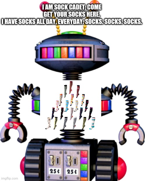 Sock Cadet | I AM SOCK CADET, COME GET YOUR SOCKS HERE. I HAVE SOCKS ALL DAY, EVERYDAY. SOCKS. SOCKS. SOCKS. | image tagged in socks,candy cadet,fnaf,cure magic | made w/ Imgflip meme maker