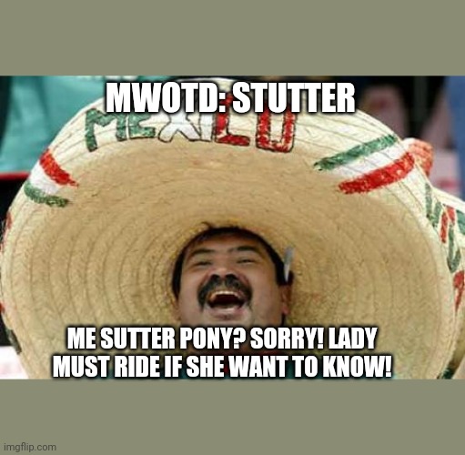 MWOTD: STUTTER ME SUTTER PONY? SORRY! LADY MUST RIDE IF SHE WANT TO KNOW! | image tagged in happy mexican | made w/ Imgflip meme maker