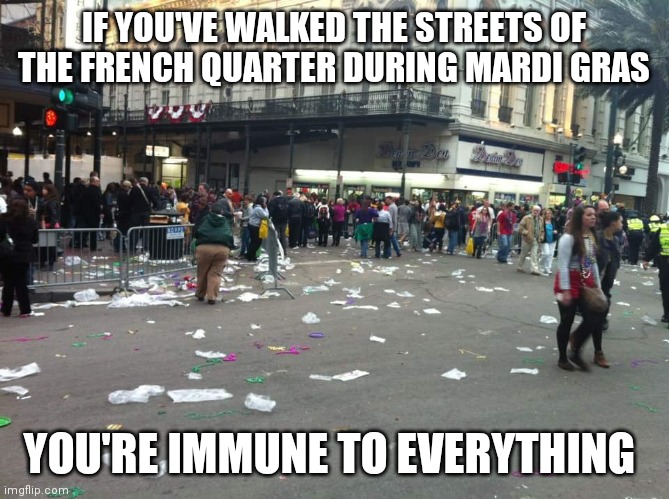 New Orleans Mardi Gras | IF YOU'VE WALKED THE STREETS OF THE FRENCH QUARTER DURING MARDI GRAS; YOU'RE IMMUNE TO EVERYTHING | image tagged in new orleans mardi gras | made w/ Imgflip meme maker
