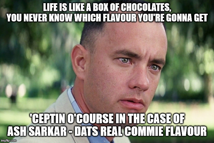 And Just Like That | LIFE IS LIKE A BOX OF CHOCOLATES, YOU NEVER KNOW WHICH FLAVOUR YOU'RE GONNA GET; 'CEPTIN O'COURSE IN THE CASE OF ASH SARKAR - DATS REAL COMMIE FLAVOUR | image tagged in memes,and just like that | made w/ Imgflip meme maker