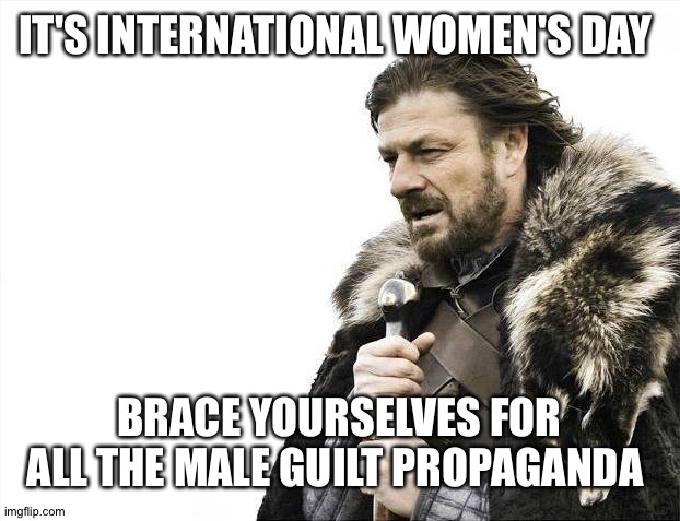 Brace Yourselves X is Coming | IT'S INTERNATIONAL WOMEN'S DAY; BRACE YOURSELVES FOR ALL THE MALE GUILT PROPAGANDA | image tagged in memes,brace yourselves x is coming | made w/ Imgflip meme maker