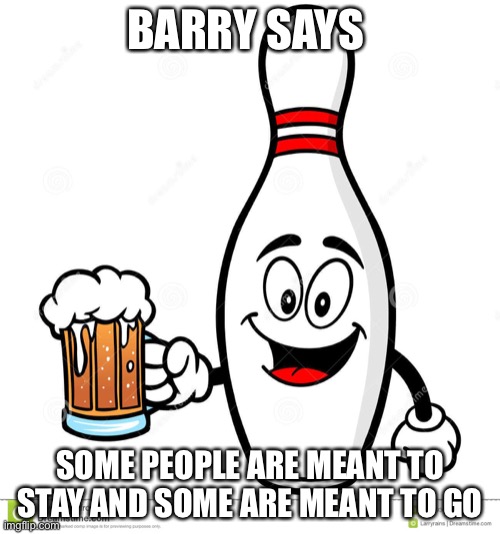 Barry The Bowling Pin | BARRY SAYS; SOME PEOPLE ARE MEANT TO STAY AND SOME ARE MEANT TO GO | image tagged in barry the bowling pin | made w/ Imgflip meme maker