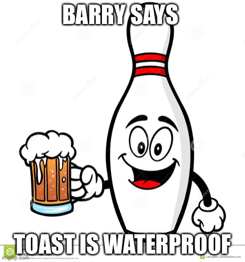 Barry The Bowling Pin | BARRY SAYS; TOAST IS WATERPROOF | image tagged in barry the bowling pin | made w/ Imgflip meme maker