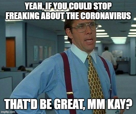 That Would Be Great | YEAH, IF YOU COULD STOP FREAKING ABOUT THE CORONAVIRUS; THAT'D BE GREAT, MM KAY? | image tagged in memes,that would be great | made w/ Imgflip meme maker