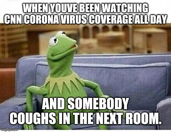 kermit | WHEN YOUVE BEEN WATCHING CNN CORONA VIRUS COVERAGE ALL DAY; AND SOMEBODY COUGHS IN THE NEXT ROOM. | image tagged in kermit | made w/ Imgflip meme maker