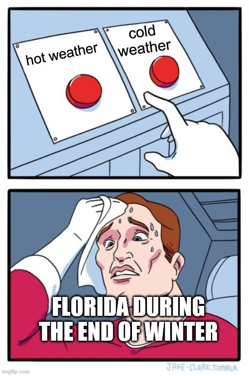 Two Buttons Meme | cold weather; hot weather; FLORIDA DURING THE END OF WINTER | image tagged in memes,two buttons | made w/ Imgflip meme maker