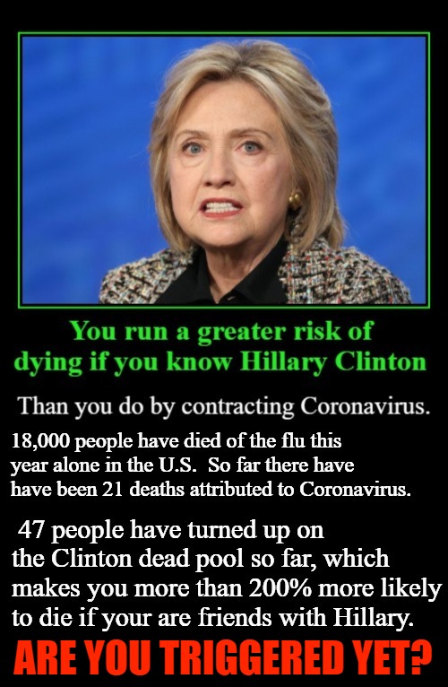 Hillary vs. Coronavirus: Are You Triggered Yet? | ARE YOU TRIGGERED YET? | image tagged in crooked hillary,coronavirus,clinton deadpool,deadpool,clinton corruption,triggered liberal | made w/ Imgflip meme maker