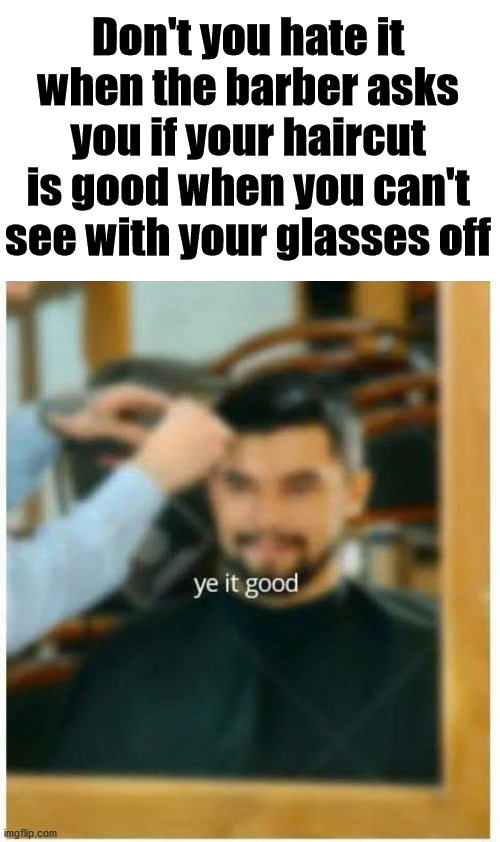 Life is blurry |  Don't you hate it when the barber asks you if your haircut is good when you can't see with your glasses off | image tagged in haircut,barber,glasses | made w/ Imgflip meme maker
