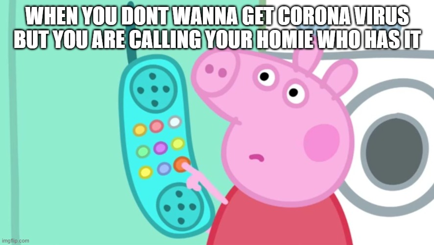 peppa pig phone | WHEN YOU DONT WANNA GET CORONA VIRUS BUT YOU ARE CALLING YOUR HOMIE WHO HAS IT | image tagged in peppa pig phone | made w/ Imgflip meme maker