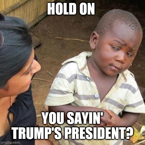 Third World Skeptical Kid | HOLD ON; YOU SAYIN' TRUMP'S PRESIDENT? | image tagged in memes,third world skeptical kid | made w/ Imgflip meme maker