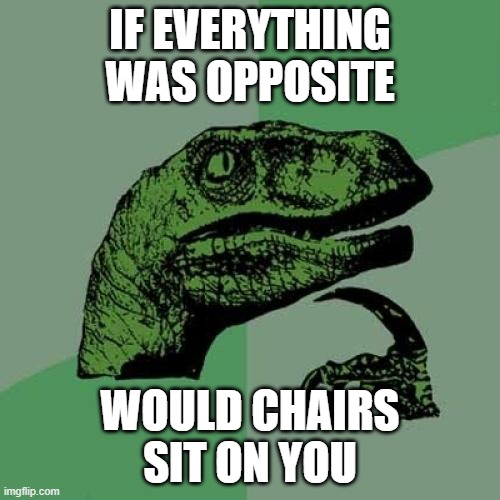 Philosoraptor Meme | IF EVERYTHING
WAS OPPOSITE; WOULD CHAIRS
SIT ON YOU | image tagged in memes,philosoraptor | made w/ Imgflip meme maker
