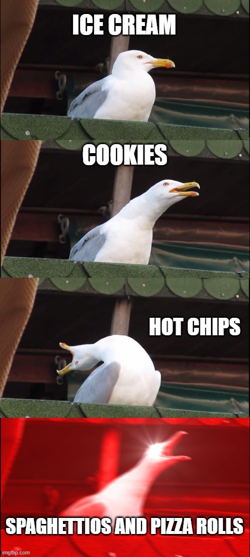 Inhaling Seagull | ICE CREAM; COOKIES; HOT CHIPS; SPAGHETTIOS AND PIZZA ROLLS | image tagged in memes,inhaling seagull | made w/ Imgflip meme maker