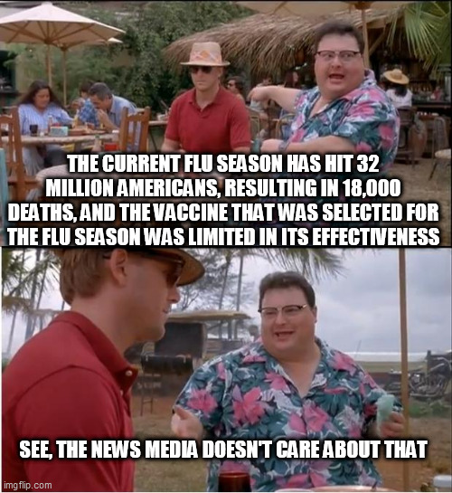 See Nobody Cares | THE CURRENT FLU SEASON HAS HIT 32 MILLION AMERICANS, RESULTING IN 18,000 DEATHS, AND THE VACCINE THAT WAS SELECTED FOR THE FLU SEASON WAS LIMITED IN ITS EFFECTIVENESS; SEE, THE NEWS MEDIA DOESN'T CARE ABOUT THAT | image tagged in memes,see nobody cares | made w/ Imgflip meme maker