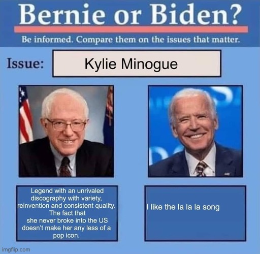 Repost OMG this is everything, one guess as to whose team I’m on lol | image tagged in singer,pop music,bernie sanders,joe biden,sanders,biden | made w/ Imgflip meme maker