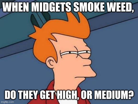 Futurama Fry Meme | WHEN MIDGETS SMOKE WEED, DO THEY GET HIGH, OR MEDIUM? | image tagged in memes,futurama fry | made w/ Imgflip meme maker