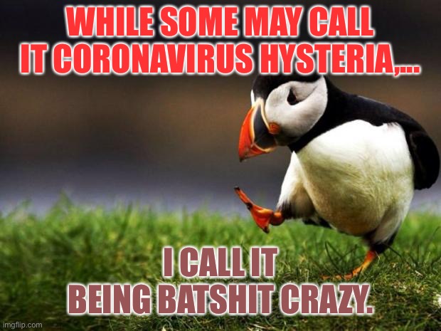 Calm down. It’s not as bad as the flu. | WHILE SOME MAY CALL IT CORONAVIRUS HYSTERIA,... I CALL IT BEING BATSHIT CRAZY. | image tagged in memes,unpopular opinion puffin,coronavirus,bat,crazy,shit | made w/ Imgflip meme maker
