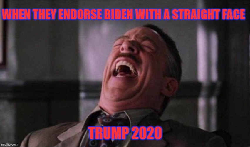 Spiderman Laugh  | WHEN THEY ENDORSE BIDEN WITH A STRAIGHT FACE; TRUMP 2020 | image tagged in spiderman laugh | made w/ Imgflip meme maker