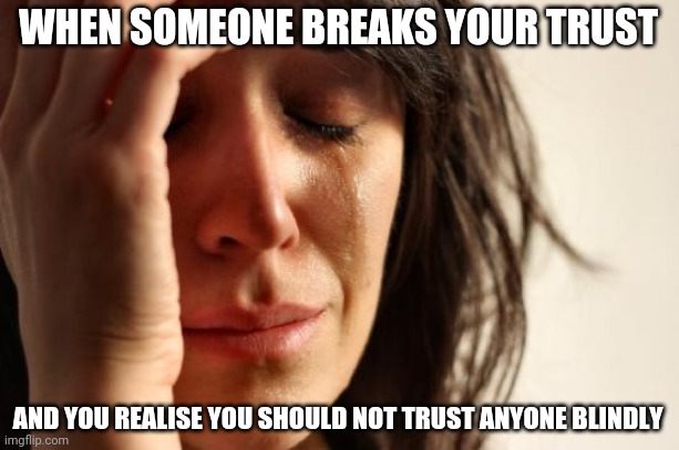 First World Problems | WHEN SOMEONE BREAKS YOUR TRUST; AND YOU REALISE YOU SHOULD NOT TRUST ANYONE BLINDLY | image tagged in memes,first world problems | made w/ Imgflip meme maker