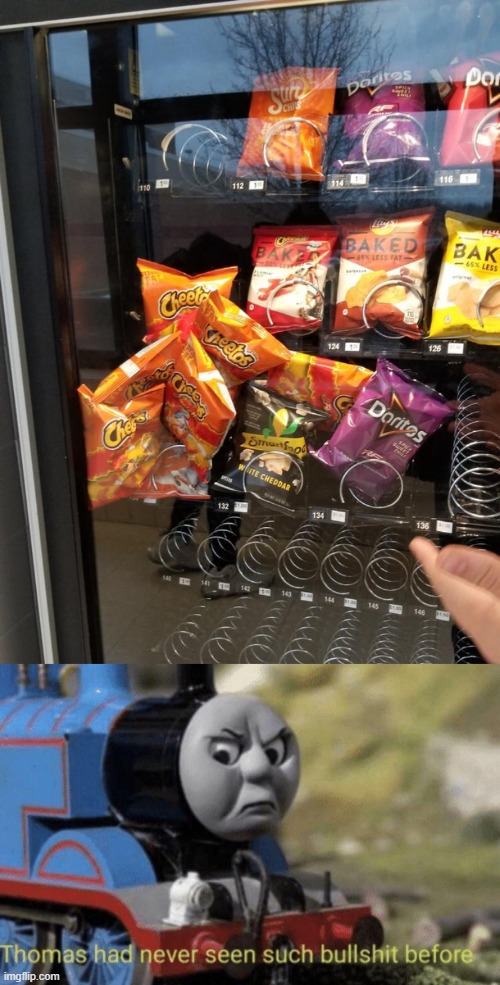 Chips stuck | image tagged in thomas had never seen such bullshit before,funny,vending machine,cheetos,stuck,memes | made w/ Imgflip meme maker