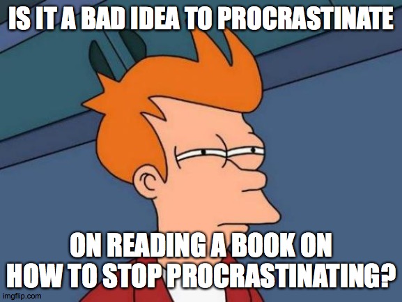 Futurama Fry | IS IT A BAD IDEA TO PROCRASTINATE; ON READING A BOOK ON HOW TO STOP PROCRASTINATING? | image tagged in memes,futurama fry,procrastination,book | made w/ Imgflip meme maker
