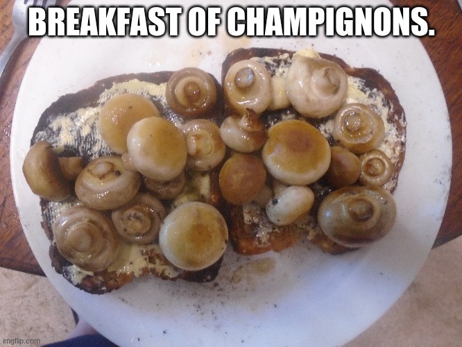 BREAKFAST OF CHAMPIGNONS. | image tagged in mushrooms,breafast of champions,breakfast of champignons,breakfast | made w/ Imgflip meme maker
