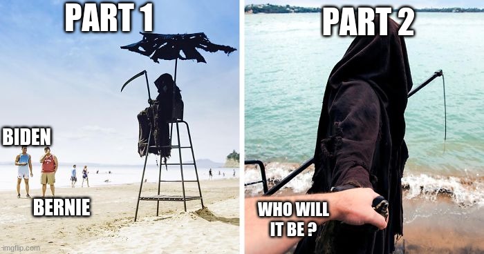 Whose next? | PART 1; PART 2; BIDEN; BERNIE; WHO WILL IT BE ? | image tagged in grim reaper,election 2020,bernie,biden | made w/ Imgflip meme maker