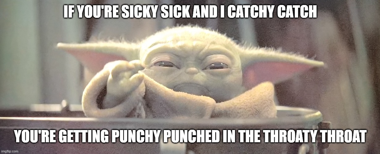 Angry Baby Yoda | IF YOU'RE SICKY SICK AND I CATCHY CATCH; YOU'RE GETTING PUNCHY PUNCHED IN THE THROATY THROAT | image tagged in angry baby yoda | made w/ Imgflip meme maker