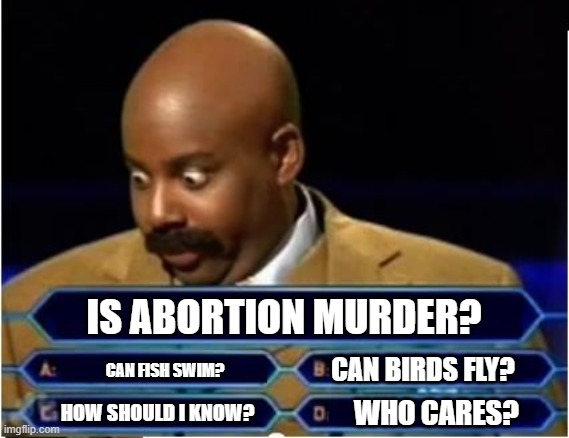 Quiz Show Meme | IS ABORTION MURDER? CAN BIRDS FLY? CAN FISH SWIM? HOW SHOULD I KNOW? WHO CARES? | image tagged in quiz show meme | made w/ Imgflip meme maker