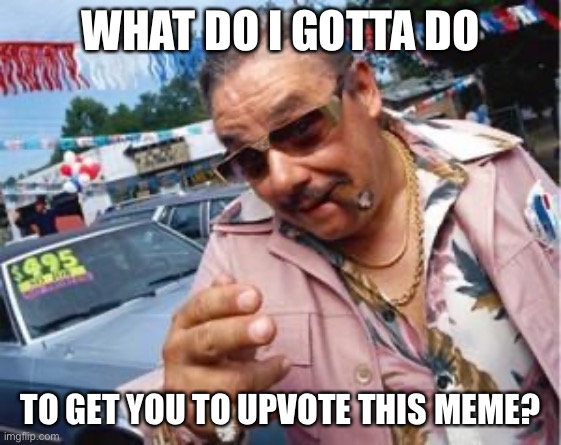 used car salesman | WHAT DO I GOTTA DO; TO GET YOU TO UPVOTE THIS MEME? | image tagged in used car salesman | made w/ Imgflip meme maker