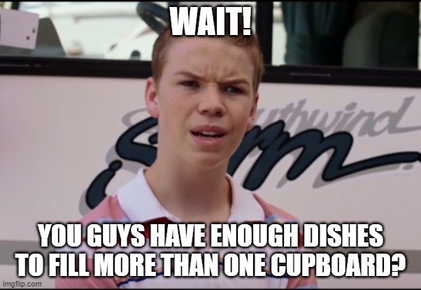 You Guys are Getting Paid | WAIT! YOU GUYS HAVE ENOUGH DISHES TO FILL MORE THAN ONE CUPBOARD? | image tagged in you guys are getting paid | made w/ Imgflip meme maker