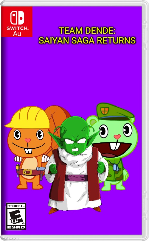 Team Dende 4 (HTF Crossover Game) | TEAM DENDE: SAIYAN SAGA RETURNS | image tagged in switch au template,team dende,dende,happy tree friends,nintendo switch,dragon ball z | made w/ Imgflip meme maker