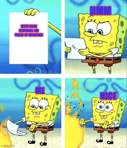 Spongebob yeet | HMM; MATH EXAM CONTAINS 100 PAGES OF EXERCISES; ME; NICE | image tagged in spongebob yeet | made w/ Imgflip meme maker