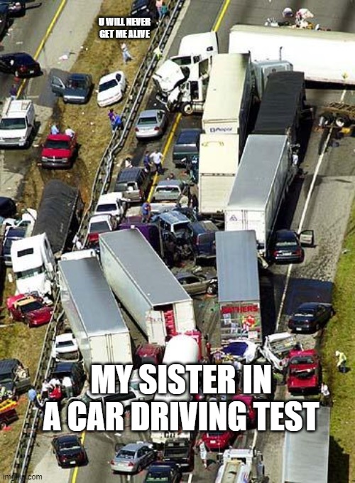 my sister | U WILL NEVER GET ME ALIVE; MY SISTER IN A CAR DRIVING TEST | image tagged in driverless cars | made w/ Imgflip meme maker