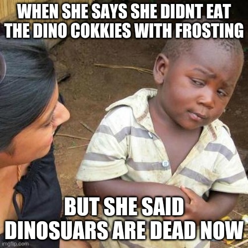 Third World Skeptical Kid | WHEN SHE SAYS SHE DIDNT EAT THE DINO COKKIES WITH FROSTING; BUT SHE SAID DINOSUARS ARE DEAD NOW | image tagged in memes,third world skeptical kid | made w/ Imgflip meme maker