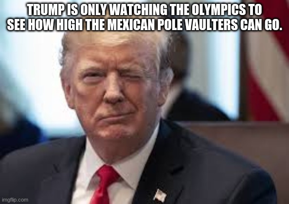 TRUMP IS ONLY WATCHING THE OLYMPICS TO SEE HOW HIGH THE MEXICAN POLE VAULTERS CAN GO. | image tagged in donald trump,donald trump approves | made w/ Imgflip meme maker
