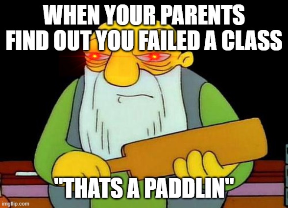 That's a paddlin' Meme | WHEN YOUR PARENTS FIND OUT YOU FAILED A CLASS; "THATS A PADDLIN" | image tagged in memes,that's a paddlin' | made w/ Imgflip meme maker