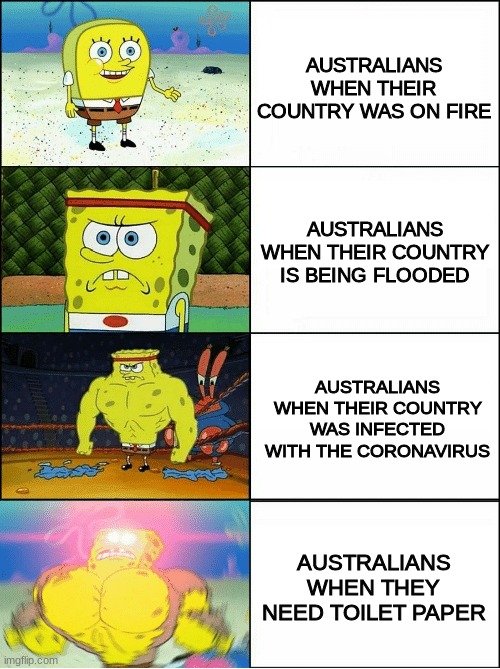 Aussie time | AUSTRALIANS WHEN THEIR COUNTRY WAS ON FIRE; AUSTRALIANS WHEN THEIR COUNTRY IS BEING FLOODED; AUSTRALIANS WHEN THEIR COUNTRY WAS INFECTED WITH THE CORONAVIRUS; AUSTRALIANS WHEN THEY NEED TOILET PAPER | made w/ Imgflip meme maker