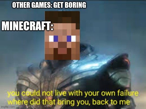 Minecraft | MINECRAFT:; OTHER GAMES: GET BORING | image tagged in steve,is,back | made w/ Imgflip meme maker