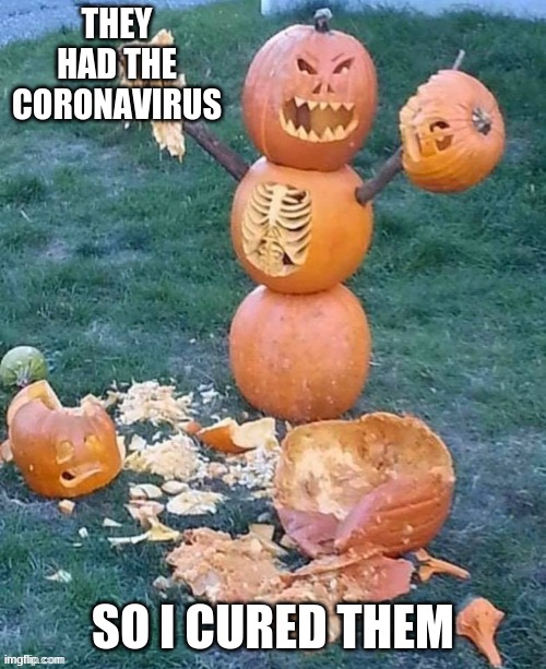 Evil Pumkin | THEY HAD THE CORONAVIRUS; SO I CURED THEM | image tagged in evil pumkin | made w/ Imgflip meme maker
