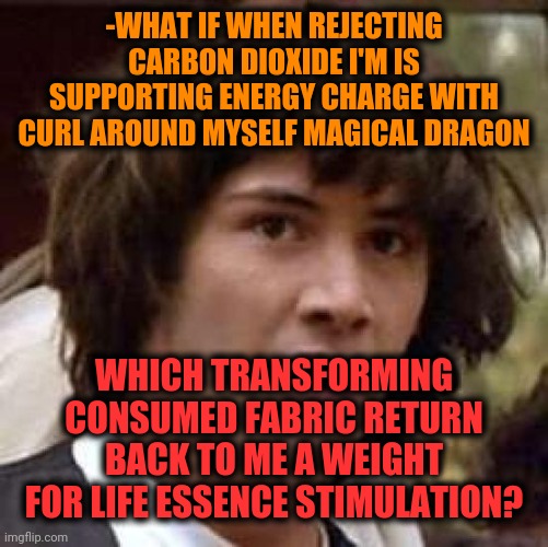 -Fantasy notes if returning young living. | -WHAT IF WHEN REJECTING CARBON DIOXIDE I'M IS SUPPORTING ENERGY CHARGE WITH CURL AROUND MYSELF MAGICAL DRAGON; WHICH TRANSFORMING CONSUMED FABRIC RETURN BACK TO ME A WEIGHT FOR LIFE ESSENCE STIMULATION? | image tagged in memes,conspiracy keanu,conspiracy theory,fantasy painting,imagine dragons,the meaning of life | made w/ Imgflip meme maker