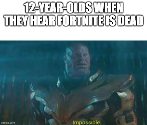 Thanos Impossible | 12-YEAR-OLDS WHEN THEY HEAR FORTNITE IS DEAD | image tagged in thanos impossible | made w/ Imgflip meme maker