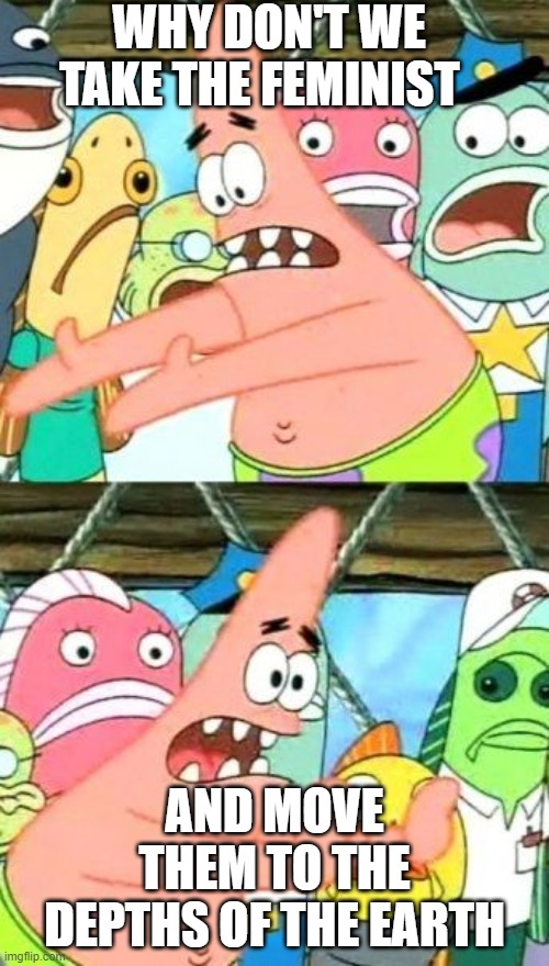 Put It Somewhere Else Patrick Meme | WHY DON'T WE TAKE THE FEMINIST; AND MOVE THEM TO THE DEPTHS OF THE EARTH | image tagged in memes,put it somewhere else patrick | made w/ Imgflip meme maker