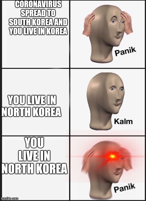 panik calm panik |  CORONAVIRUS SPREAD TO SOUTH KOREA AND YOU LIVE IN KOREA; YOU LIVE IN NORTH KOREA; YOU LIVE IN NORTH KOREA | image tagged in panik calm panik | made w/ Imgflip meme maker
